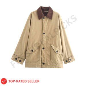 Oversized Canvas Barn Jacket Corduroy Collar Button Down Chic Fall Fashion